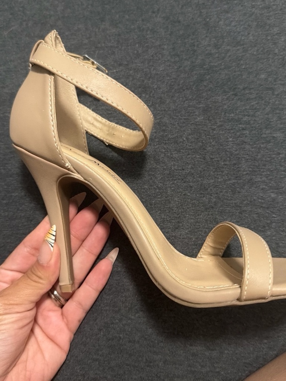 Anne Michelle Beige Ankle-Strap Stiletto Heels